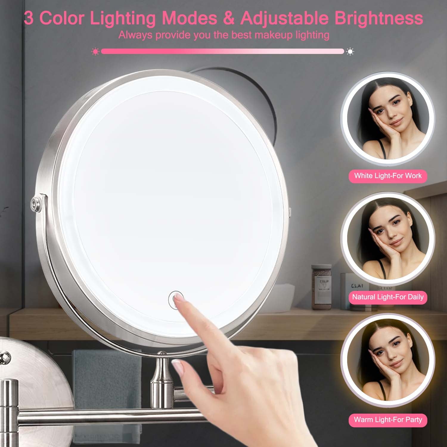 YUOY Lighted Makeup Mirror, Vanity Mirror with LED Lights and 10x Magnifying Mirror, 8 inch Rechargeable, Wall Mounted Bathroom Mirror, Nickel