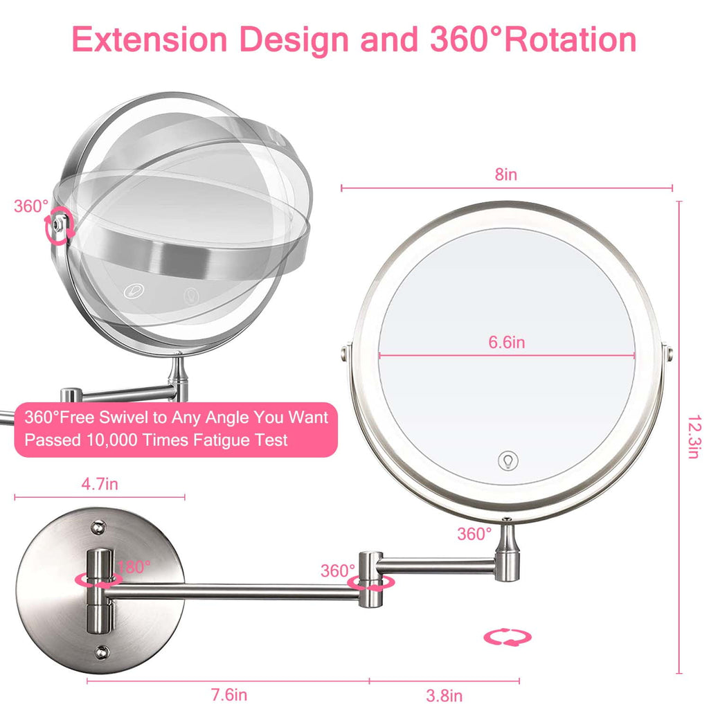 YUOY Lighted Makeup Mirror, Vanity Mirror with LED Lights and 10x Magnifying Mirror, 8 inch Rechargeable, Wall Mounted Bathroom Mirror, Nickel
