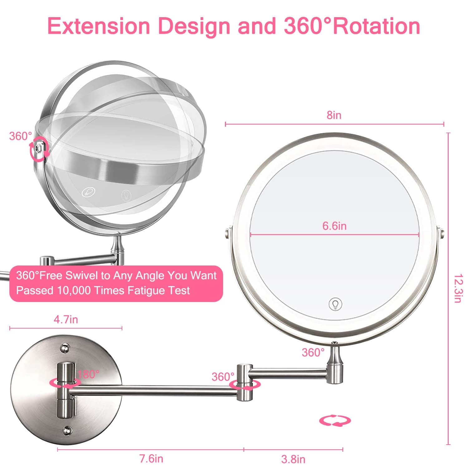 YUOY Lighted Makeup Mirror, Vanity Mirror with LED Lights and 10x Magnifying Mirror, 8 inch Rechargeable, Wall Mounted Bathroom Mirror, Nickel