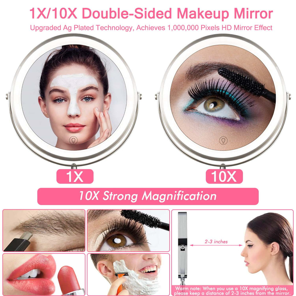 YUOY Lighted Makeup Mirror, Vanity Mirror with LED Lights and 10x Magnifying Mirror, 8 inch Rechargeable, Wall Mounted Bathroom Mirror, Nickel
