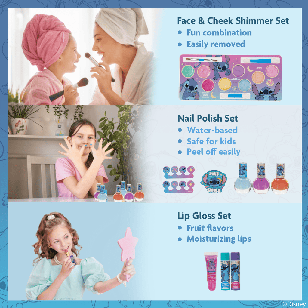 Stitch Kids Makeup Kit Train Case Beauty Set, Washable Play Makeup Set for Kids’ Party Favors