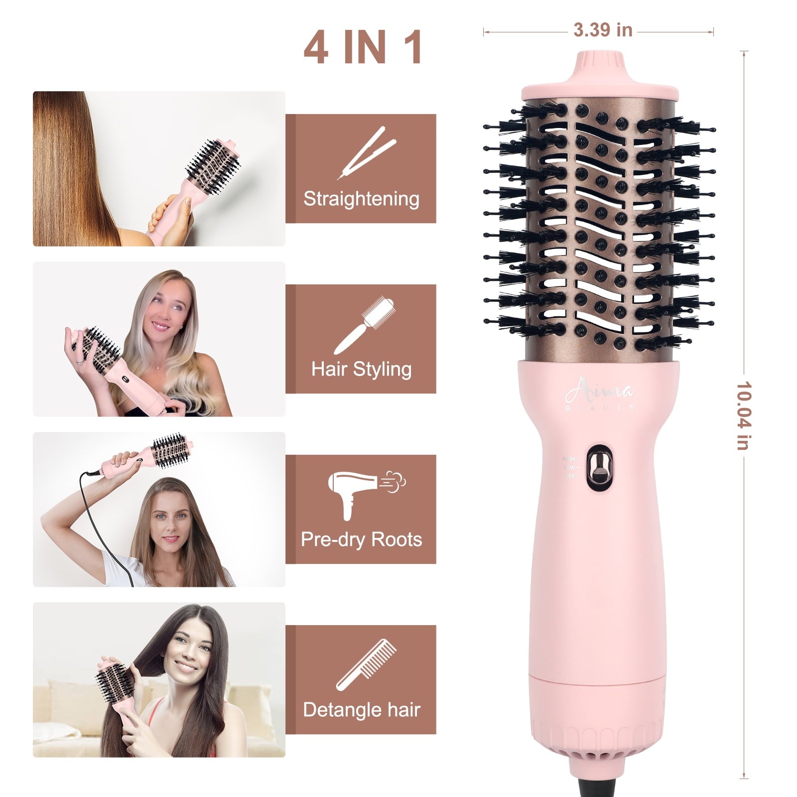 Dual Voltage Travel Hair Dryer Brush, Aima Beauty 4 in 1 Hot Air Comb for Hair Styling, 2.3 Inch Ionic Blow Dryer Brush, Good for Travel and Gift, Pink