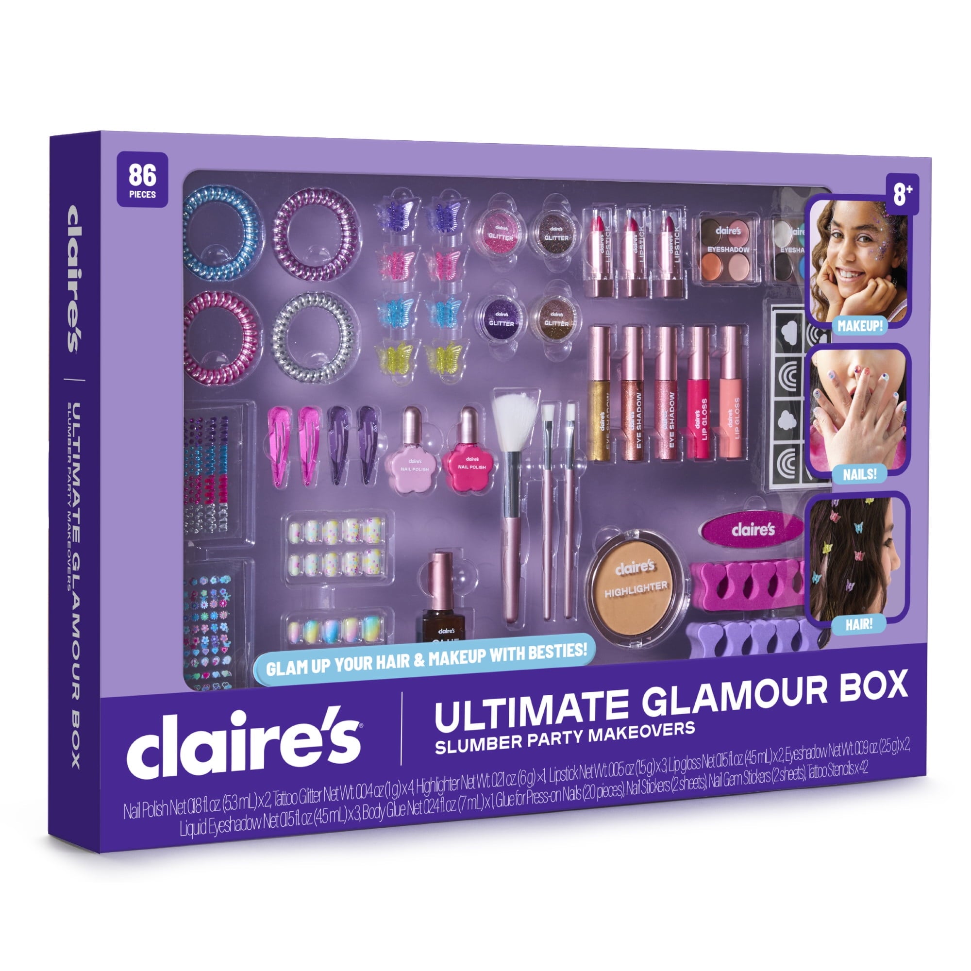 Claire’s® Ultimate Glamour Box Slumber Party Makeover Set, Kids Makeup Kit, Girls Slumber Party, Ages 8+