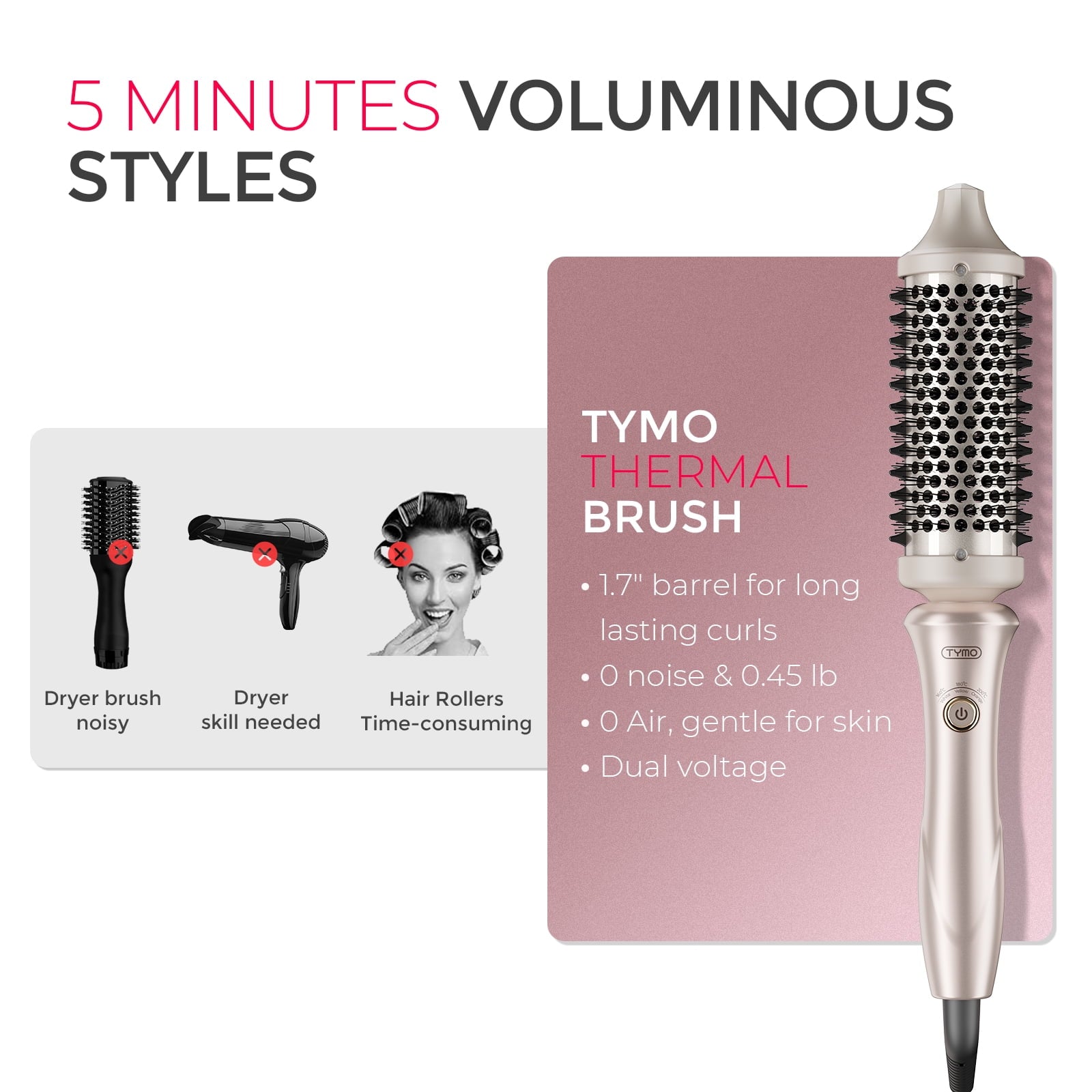 TYMO STYLUX Thermal Brush, 3-in-1 Heated Round Brush for Blowouts, Straightening & Curling, 1.7-inch Ceramic Barrel, Dual Voltage, Gold