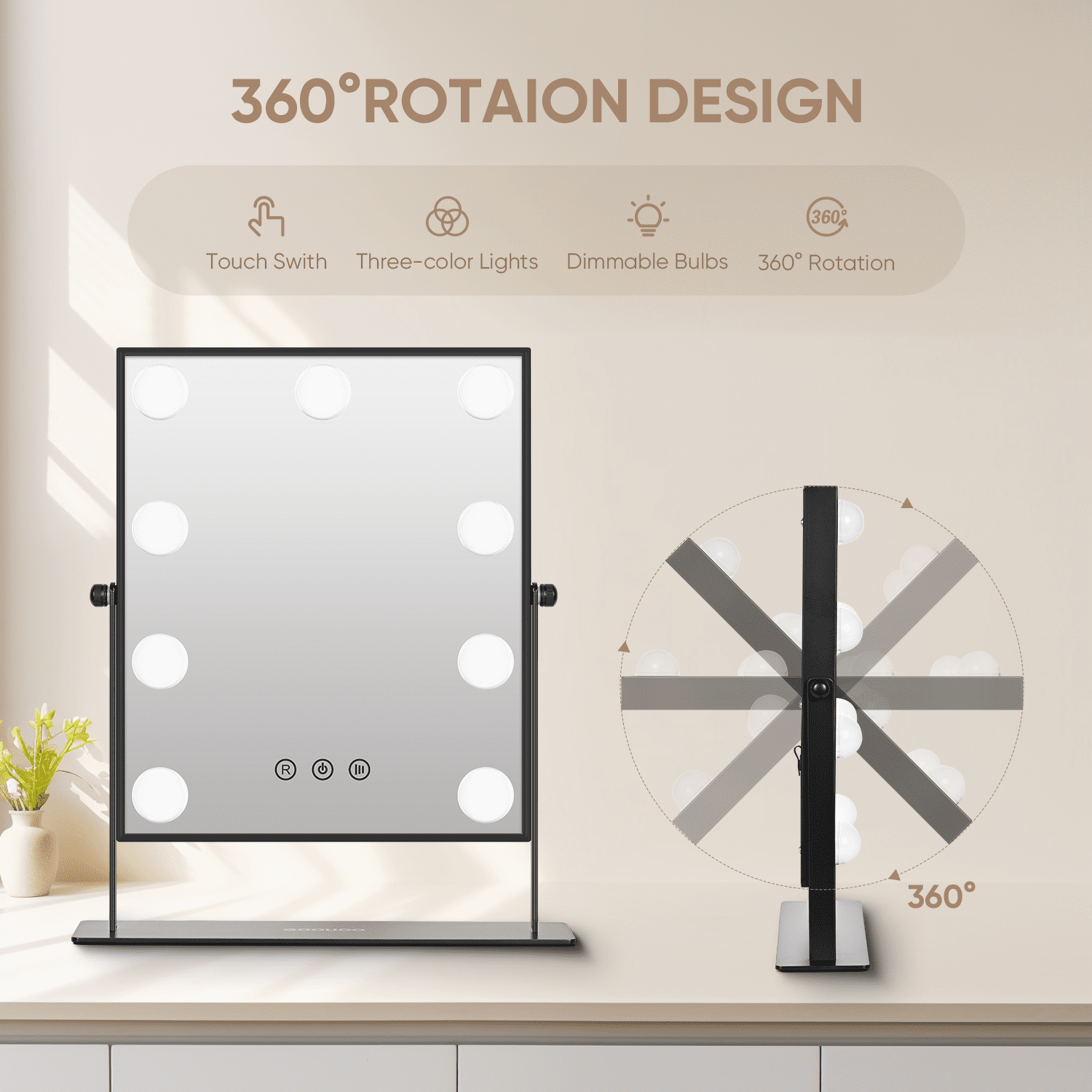 Goolioo Vanity Mirror with Lights, Hollywood Lighted Vanity Makeup Mirror, 10x Magnification, Black