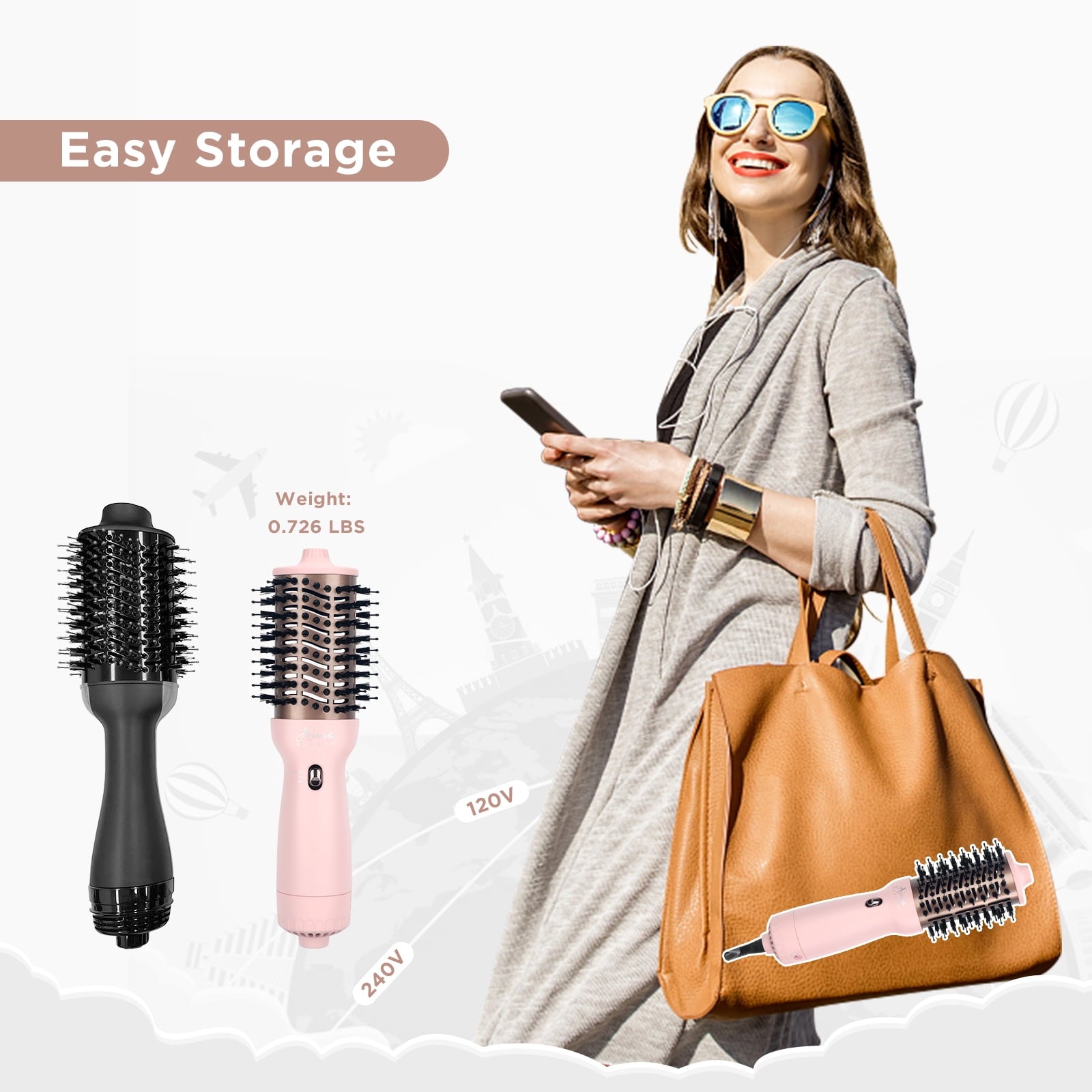 Dual Voltage Travel Hair Dryer Brush, Aima Beauty 4 in 1 Hot Air Comb for Hair Styling, 2.3 Inch Ionic Blow Dryer Brush, Good for Travel and Gift, Pink