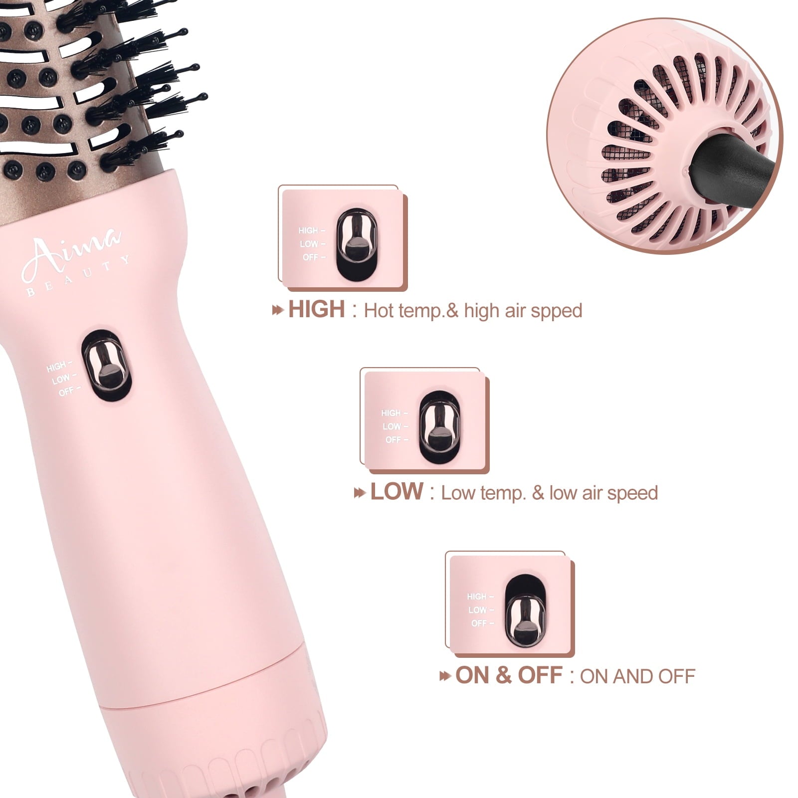 Dual Voltage Travel Hair Dryer Brush, Aima Beauty 4 in 1 Hot Air Comb for Hair Styling, 2.3 Inch Ionic Blow Dryer Brush, Good for Travel and Gift, Pink