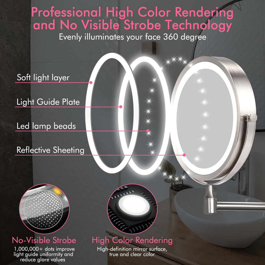 YUOY Lighted Makeup Mirror, Vanity Mirror with LED Lights and 10x Magnifying Mirror, 8 inch Rechargeable, Wall Mounted Bathroom Mirror, Nickel