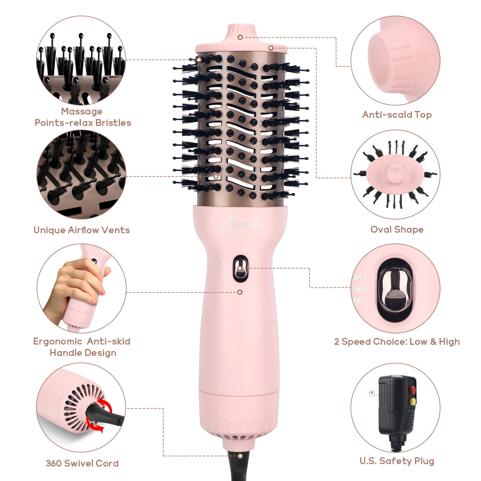 Dual Voltage Travel Hair Dryer Brush, Aima Beauty 4 in 1 Hot Air Comb for Hair Styling, 2.3 Inch Ionic Blow Dryer Brush, Good for Travel and Gift, Pink