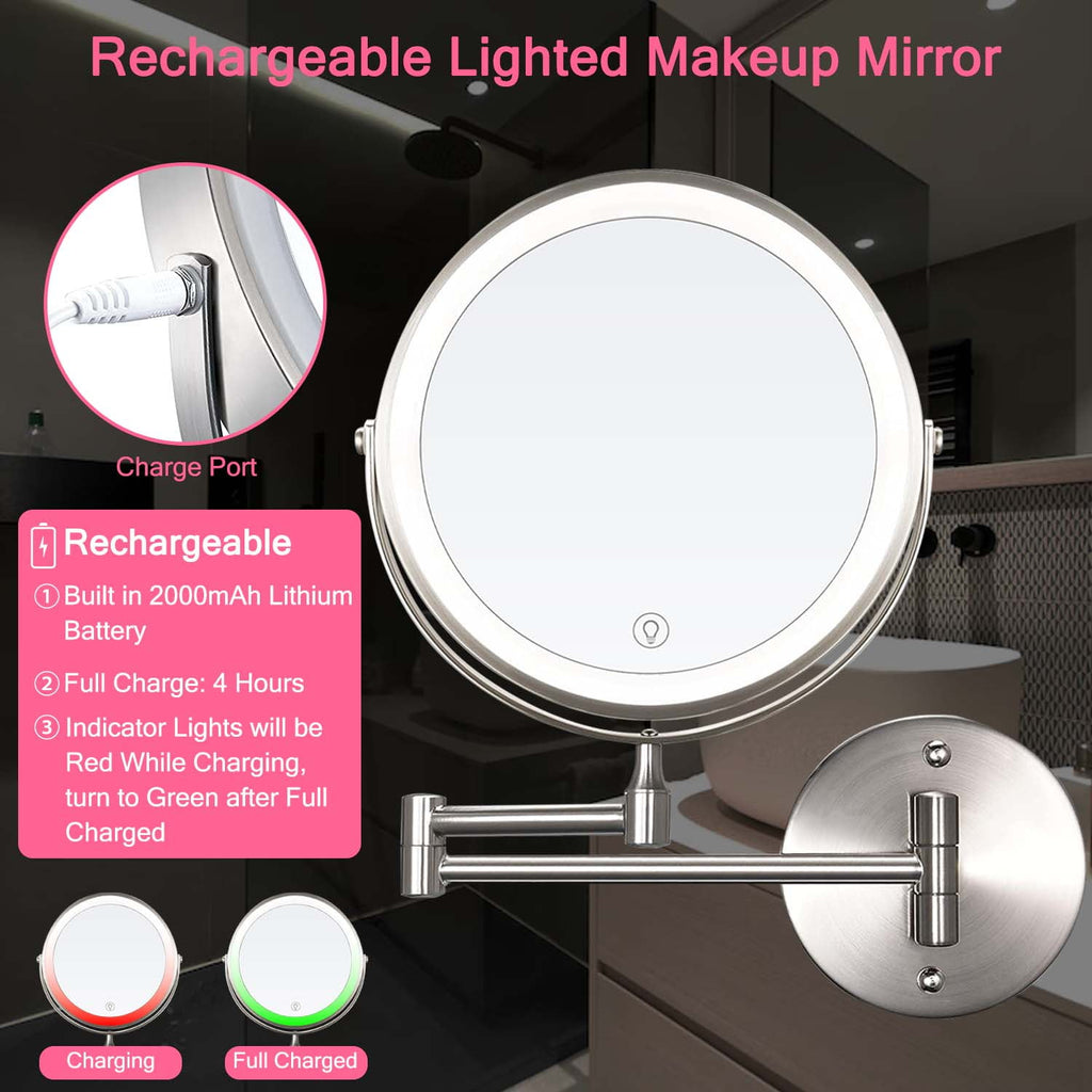 YUOY Lighted Makeup Mirror, Vanity Mirror with LED Lights and 10x Magnifying Mirror, 8 inch Rechargeable, Wall Mounted Bathroom Mirror, Nickel