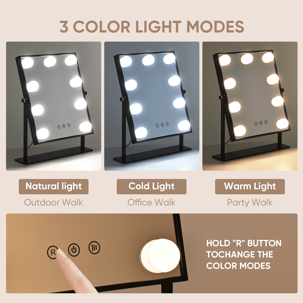 Goolioo Vanity Mirror with Lights, Hollywood Lighted Vanity Makeup Mirror, 10x Magnification, Black