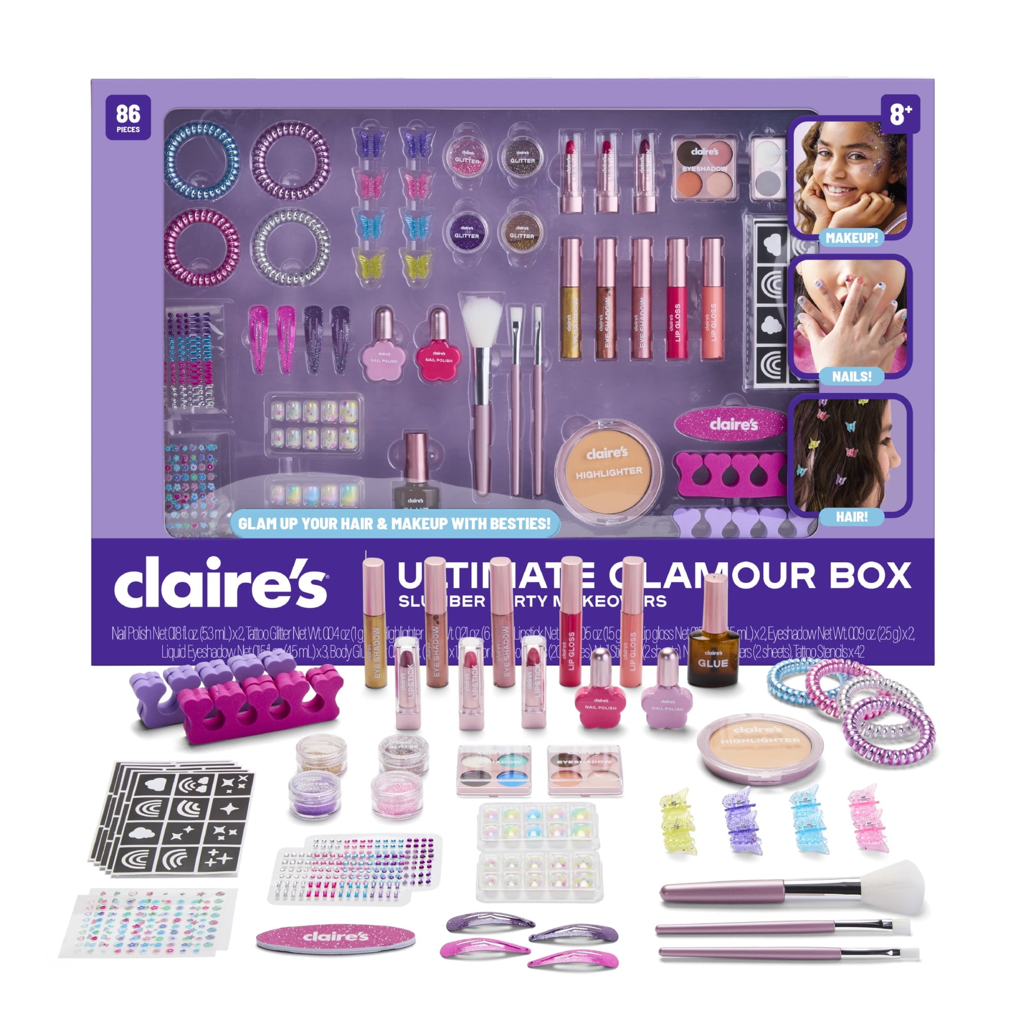 Claire’s® Ultimate Glamour Box Slumber Party Makeover Set, Kids Makeup Kit, Girls Slumber Party, Ages 8+