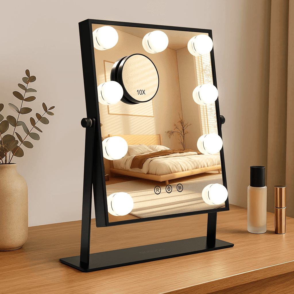 Goolioo Vanity Mirror with Lights, Hollywood Lighted Vanity Makeup Mirror, 10x Magnification, Black
