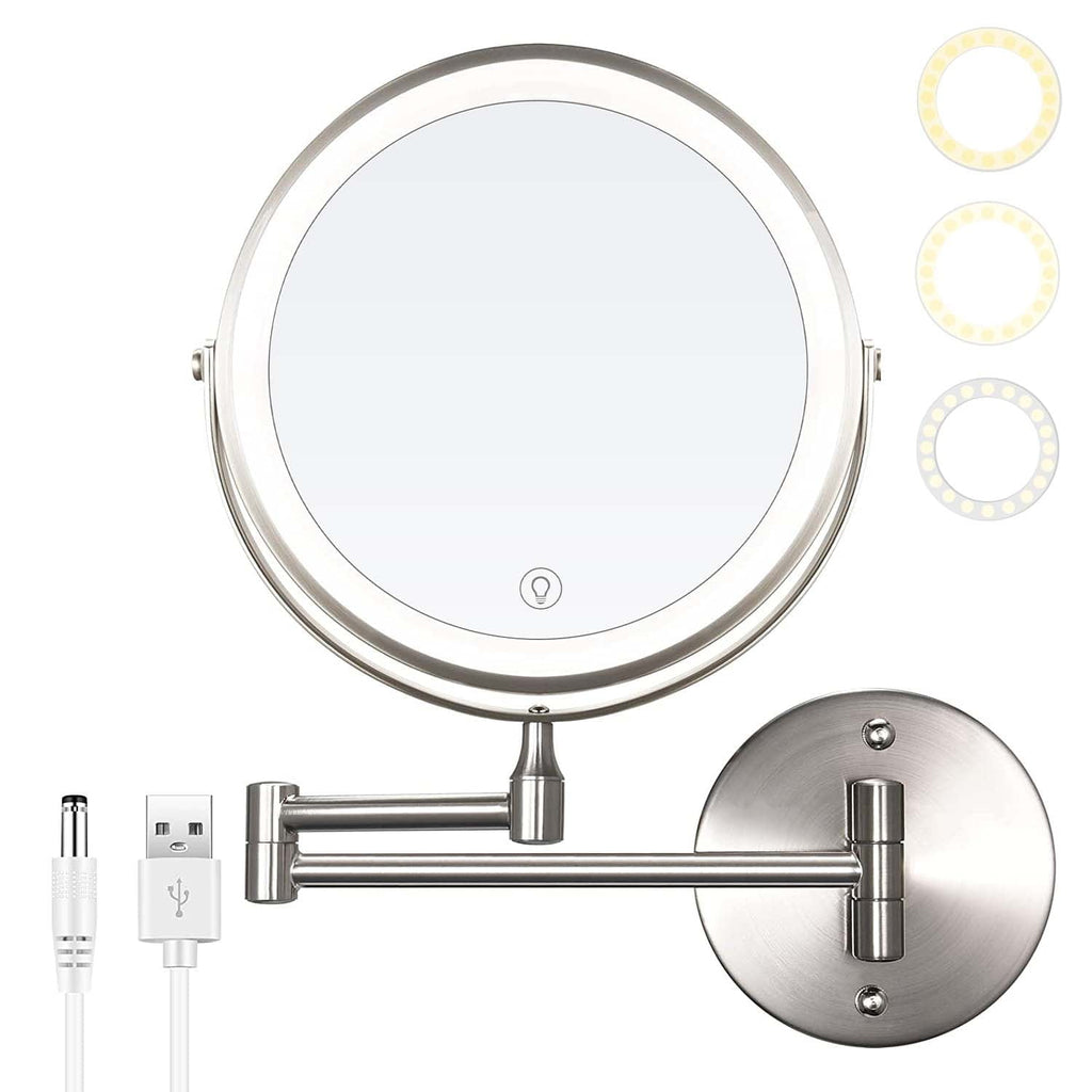 YUOY Lighted Makeup Mirror, Vanity Mirror with LED Lights and 10x Magnifying Mirror, 8 inch Rechargeable, Wall Mounted Bathroom Mirror, Nickel
