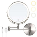 YUOY Lighted Makeup Mirror, Vanity Mirror with LED Lights and 10x Magnifying Mirror, 8 inch Rechargeable, Wall Mounted Bathroom Mirror, Nickel