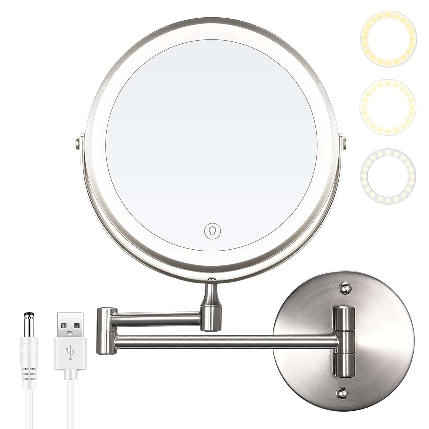YUOY Lighted Makeup Mirror, Vanity Mirror with LED Lights and 10x Magnifying Mirror, 8 inch Rechargeable, Wall Mounted Bathroom Mirror, Nickel