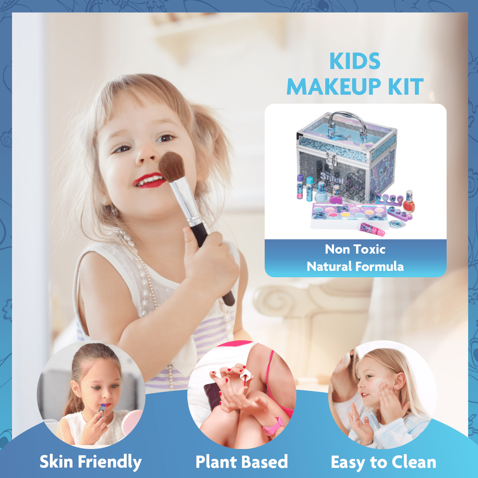 Stitch Kids Makeup Kit Train Case Beauty Set, Washable Play Makeup Set for Kids’ Party Favors