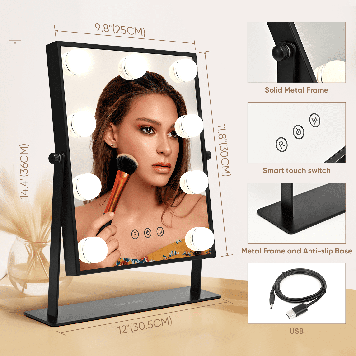 Goolioo Vanity Mirror with Lights, Hollywood Lighted Vanity Makeup Mirror, 10x Magnification, Black