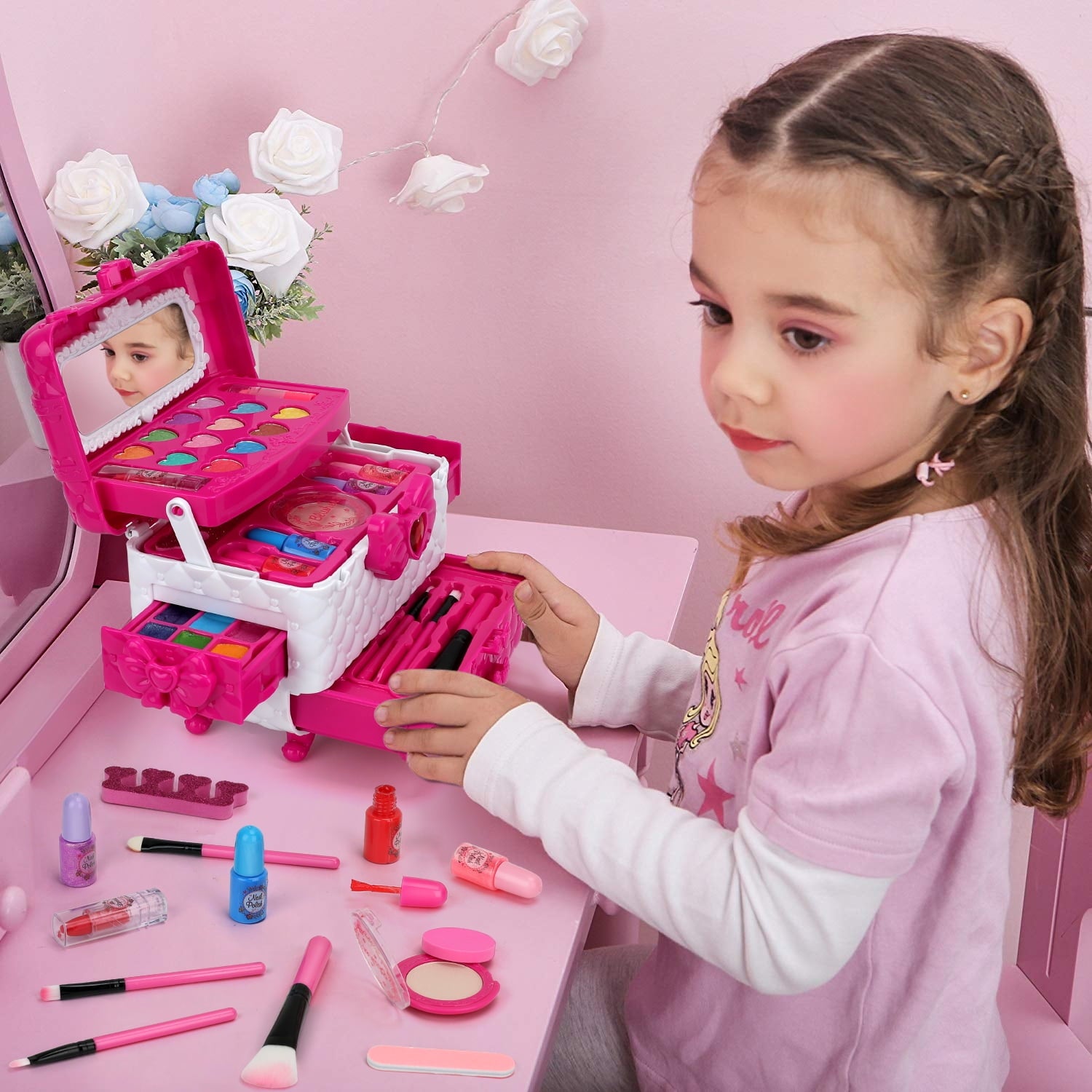 Sendida Toys for Kids Washable Makeup Kit Princess Toys Makeup Gift Set for Girls Age 3-12 (Rose)